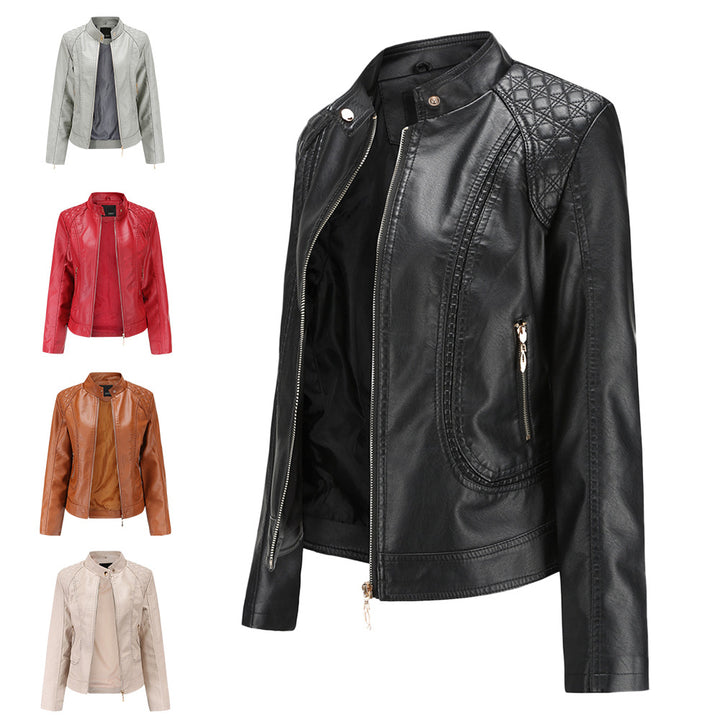 Damen nan taillierte Kunstleder Bikerjacke mit Stehkragen und gesteppter Schulterpartie Drune