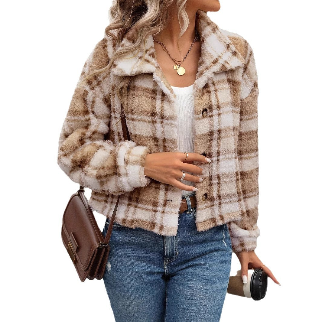 Damen Kuscheljacke mit Karomuster und weichem Teddyfell Drune