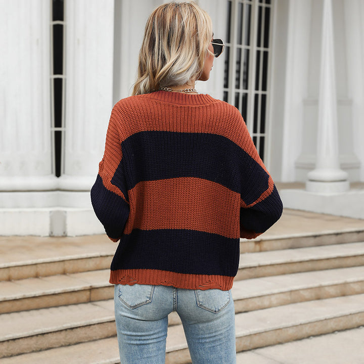 Damen Oversize-Chunky-Strickpullover mit schulterfreiem Fall, breiten Blockstreifen und geripptem Saum Drune