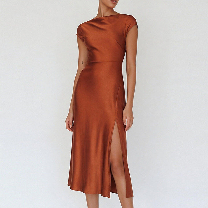 Damen Elegantes Midi-Kleid mit schickem Stehkragen und fließendem Satin Drune
