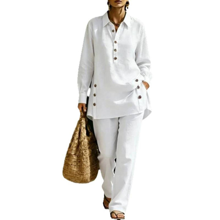 Damen Leichtes Oversize-Hemd-Tunika mit Zierknöpfen und Gerader Bundhose Drune