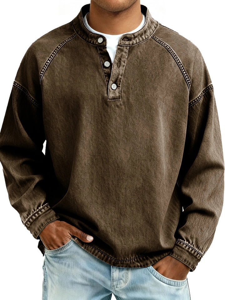 Herren nan verwaschenes Henley-Shirt mit Stehkragen, lockerer Passform und Knopfleiste Drune