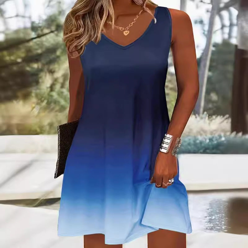 Damen V-Ausschnitt Sommerkleid mit lebhaftem Farbverlauf und leichtem, atmungsaktivem Stoff Drune