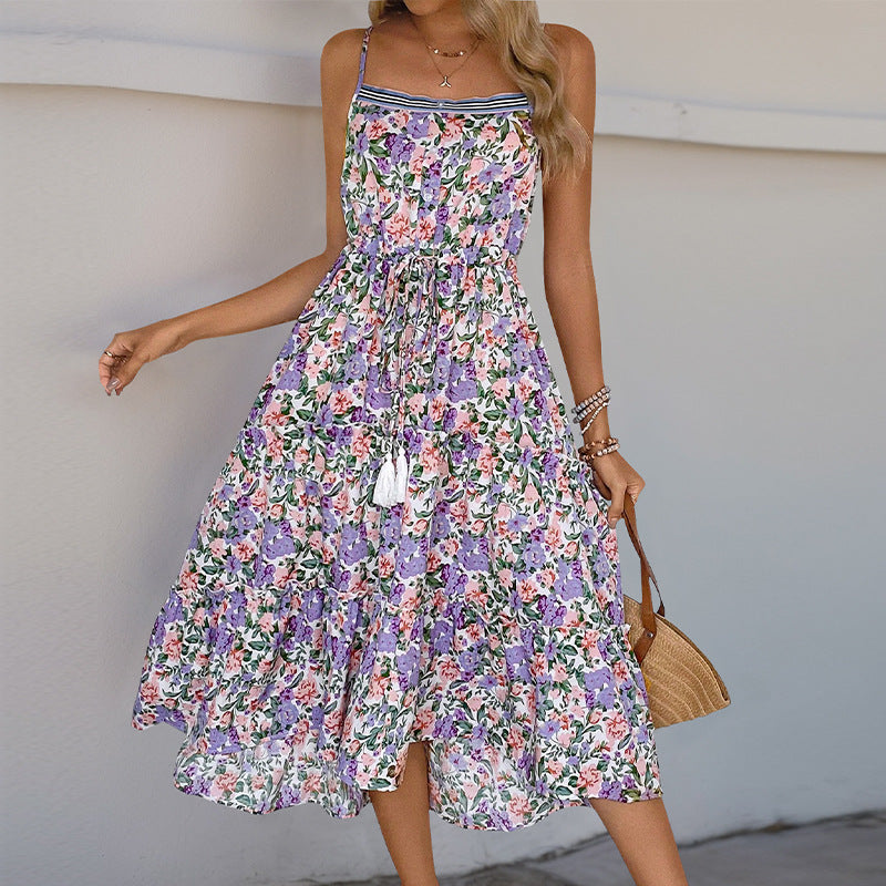 Damen Midikleid mit floralem Druck und raffiniertem Taillenzug Drune