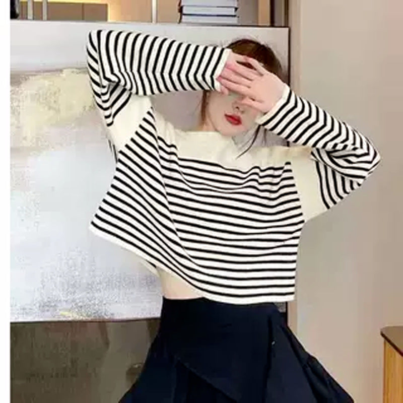Damen Gestreifter Crop-Top Pullover Drune