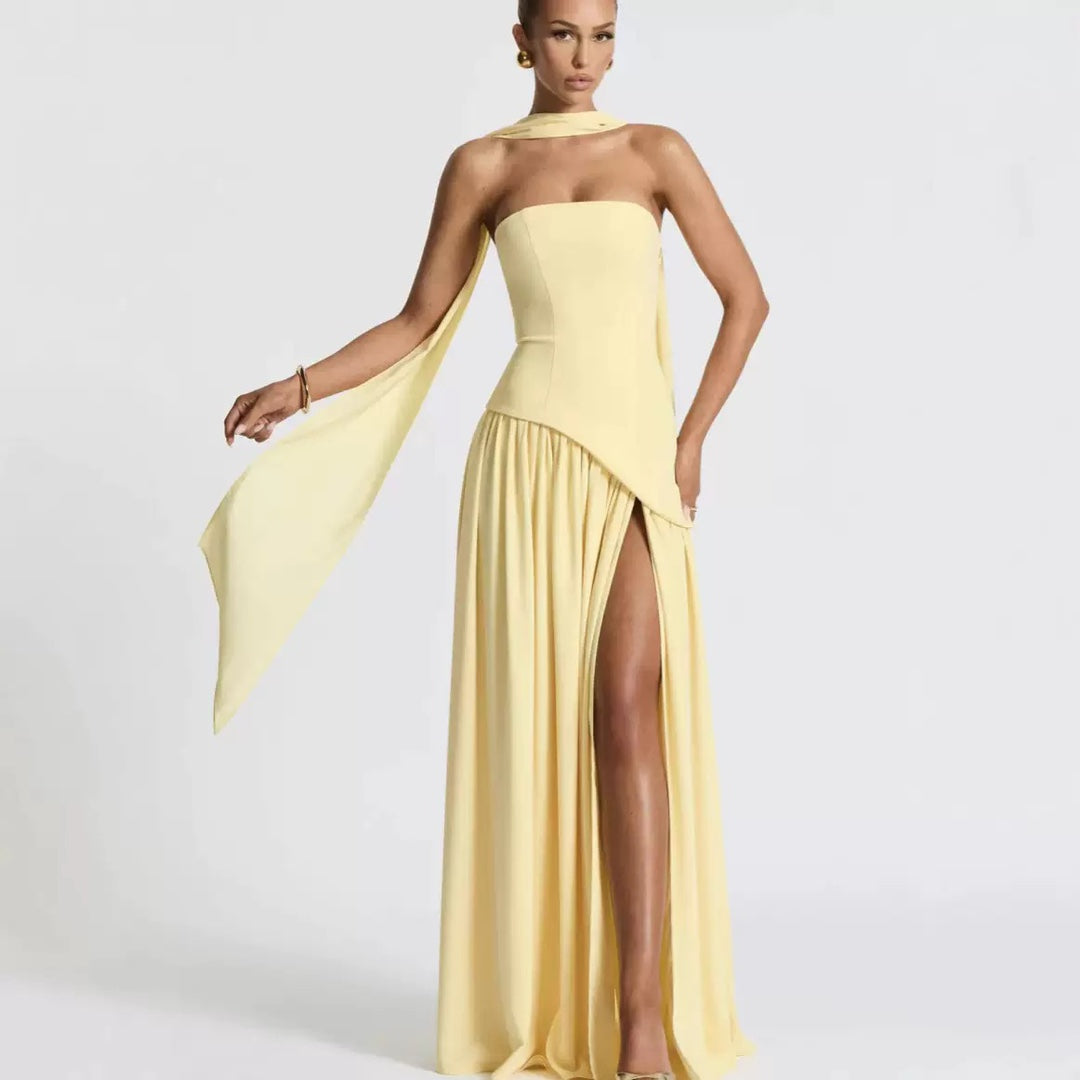 Damen Bodenlanges Maxikleid mit schulterfreiem Design und elegantem Schlitz Drune