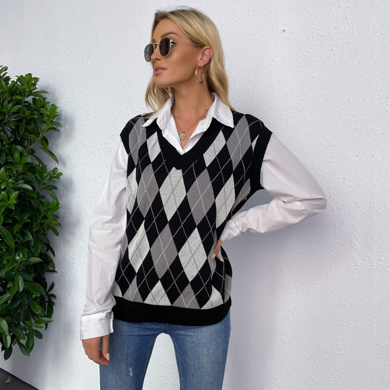 Damen Argyle-Strickweste mit V-Ausschnitt und lässiger Oversize-Passform Drune