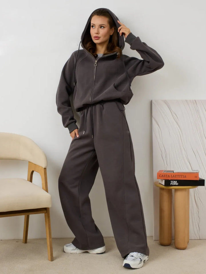 Damen Oversize-Zip-Hoodie mit Kängurutasche und hochgeschnittener Sweathose mit weiter Beinführung Set Drune