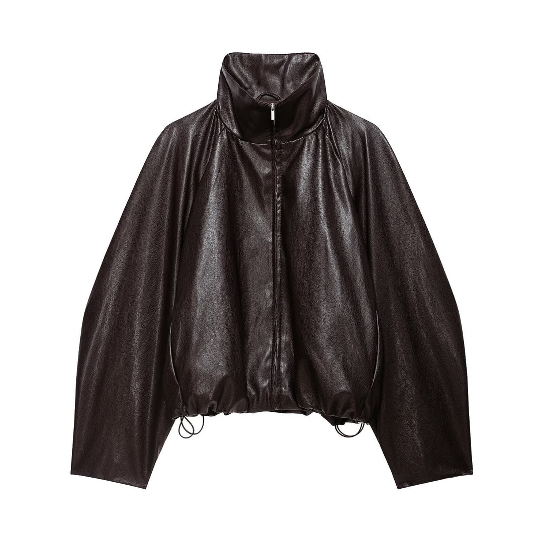 Damen Oversize Jacke im Lederlook mit hohem Funnelkragen, Raglanärmeln und Tunnelzugsaum Drune