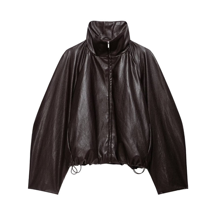Damen Oversize Jacke im Lederlook mit hohem Funnelkragen, Raglanärmeln und Tunnelzugsaum Drune
