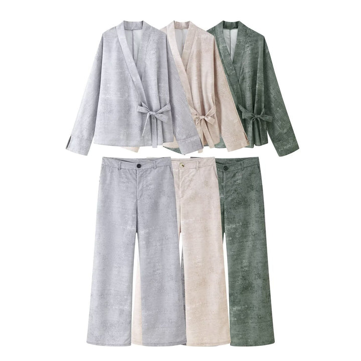 Damen elegantes Wickeloberteil und breite Hose Set Drune