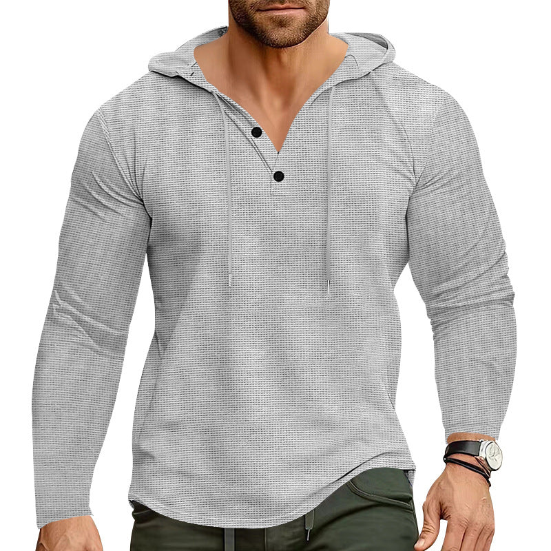 Herren nan körperbetontes Waffelstruktur-Henley-Hoodie mit halber Knopfleiste und Zugkordel Drune