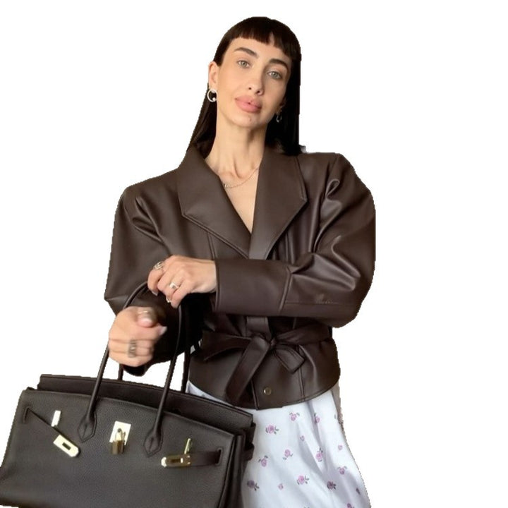 Damen Kurzblazer aus veganem Leder mit Taillengürtel Drune