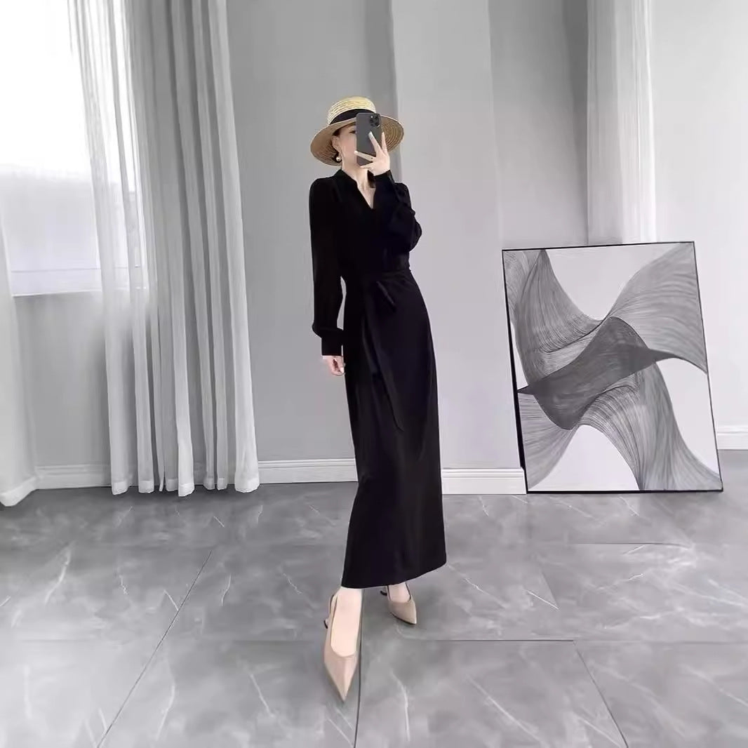 Damen Langärmliges Wickel‑Maxikleid mit Taillengürtel und V‑Ausschnitt Drune