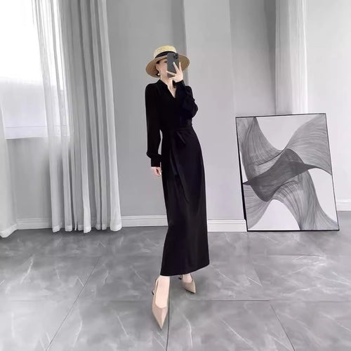 Damen Langärmliges Wickel‑Maxikleid mit Taillengürtel und V‑Ausschnitt Drune