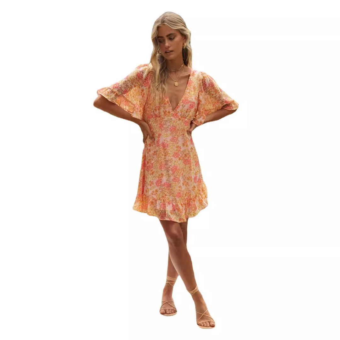 Damen Mini-Wickelkleid mit voluminösen Ärmeln und romantischem Rückenausschnitt Drune