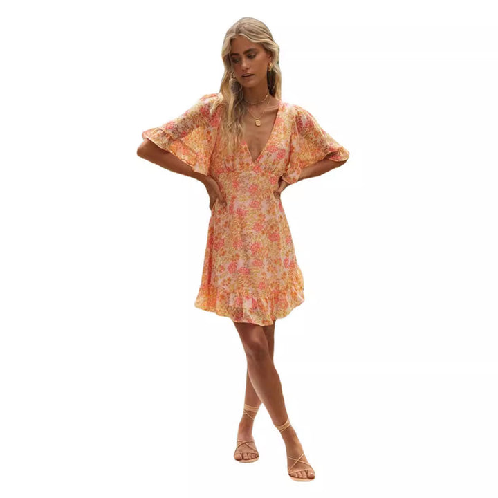 Damen Mini-Wickelkleid mit voluminösen Ärmeln und romantischem Rückenausschnitt Drune
