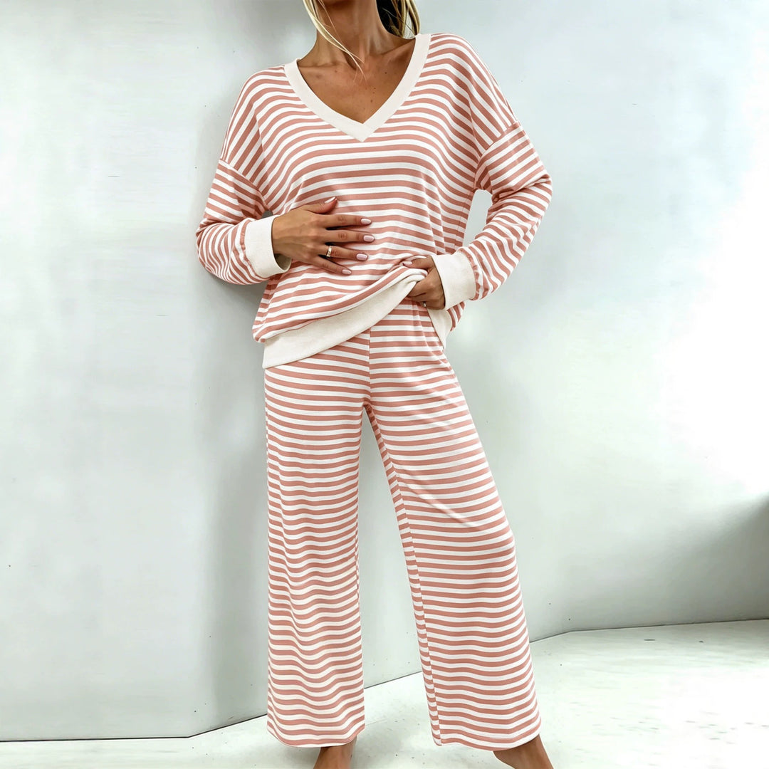 Damen Maritimes Zweiteiler mit V-Ausschnitt, Oversize-Pullover und Palazzo‑Hose Drune