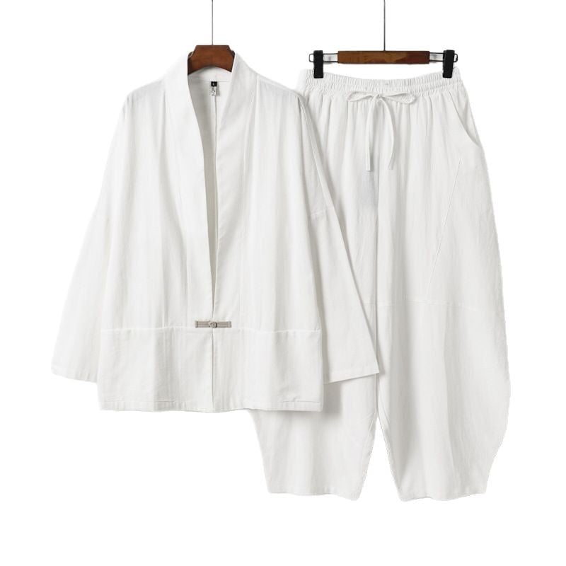 Herren Kimono-Loungewear-Set mit kurzem Schalkragen und weiten Harem-Bundhosen Drune
