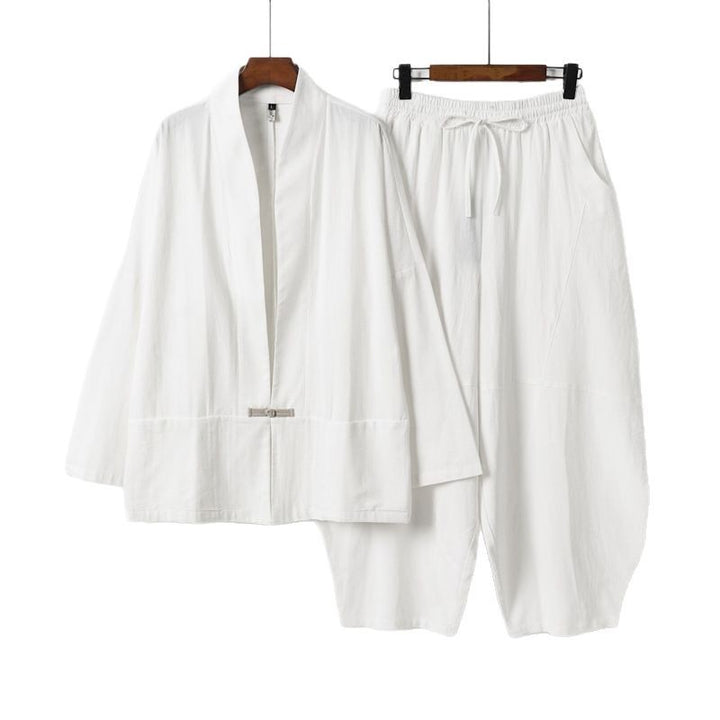 Herren Kimono-Loungewear-Set mit kurzem Schalkragen und weiten Harem-Bundhosen Drune
