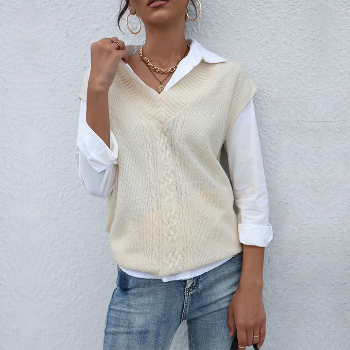 Damen Langer Strickpullunder mit Zopfmuster und V‑Ausschnitt Drune