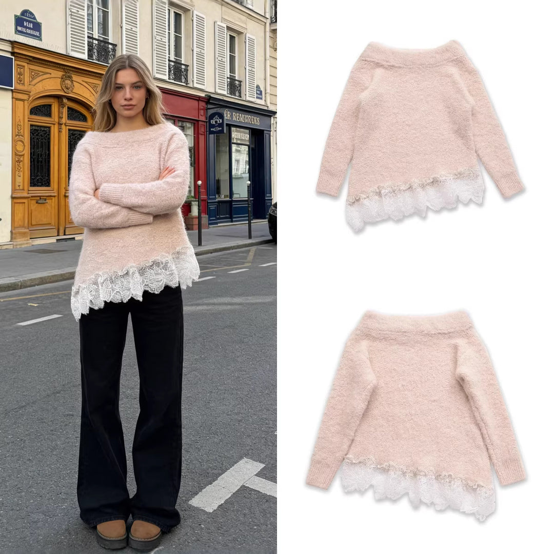Damen Flauschiger Strickpullover mit Carmenausschnitt und Spitzenbesatz Drune