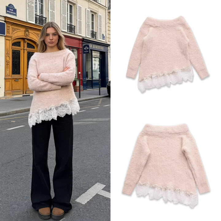Damen Flauschiger Strickpullover mit Carmenausschnitt und Spitzenbesatz Drune