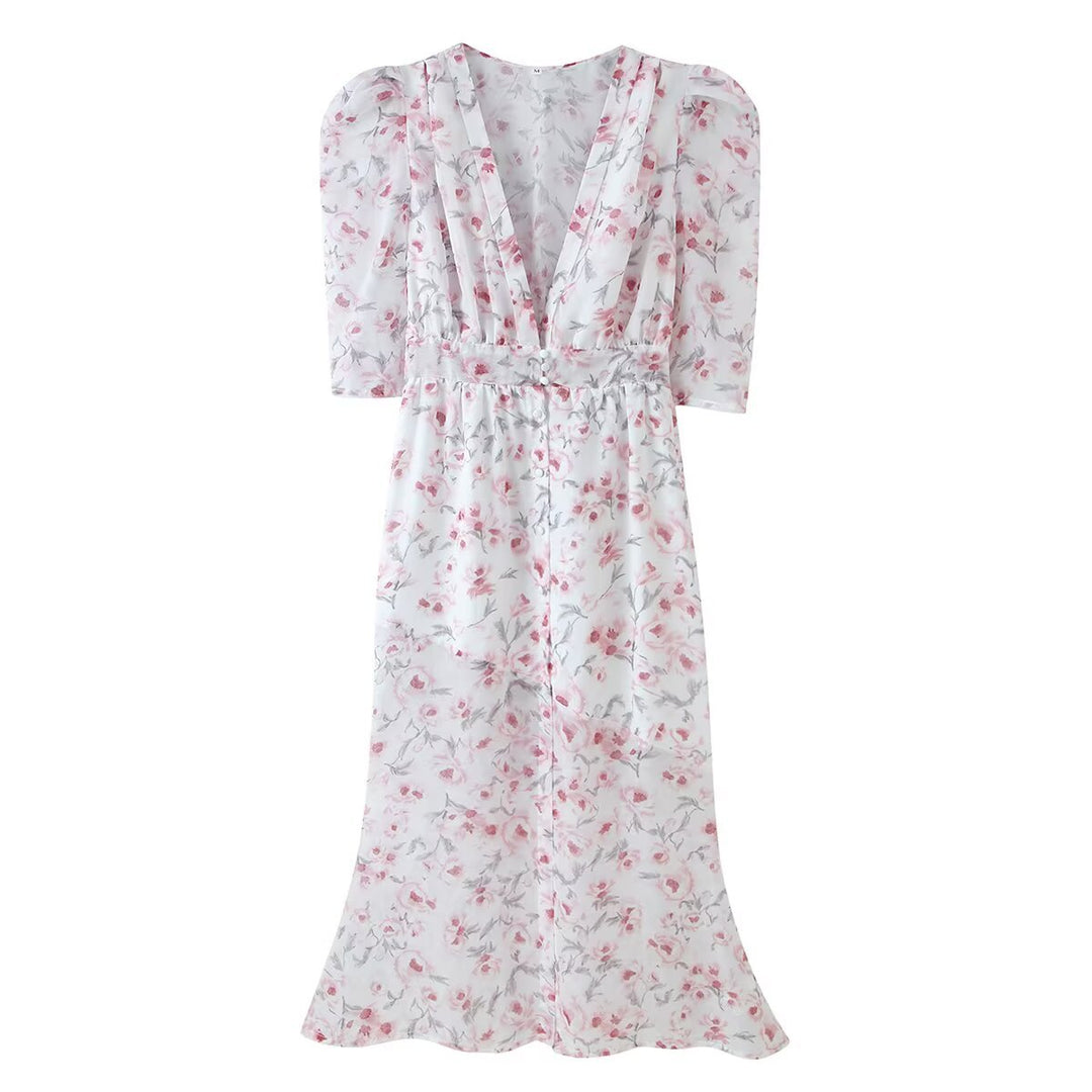 Damen Chiffon-Midikleid mit floraler Allover‑Optik, V‑Ausschnitt und geraffter Taille Drune
