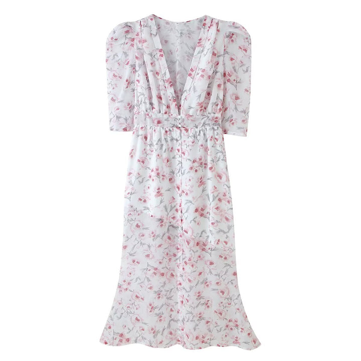 Damen Chiffon-Midikleid mit floraler Allover‑Optik, V‑Ausschnitt und geraffter Taille Drune