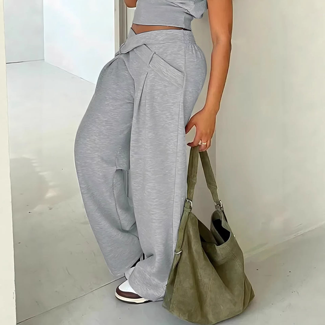 Damen Weite High-Waist-Hose mit Wickelbund, Ziergürtel und Bundschnitt Drune