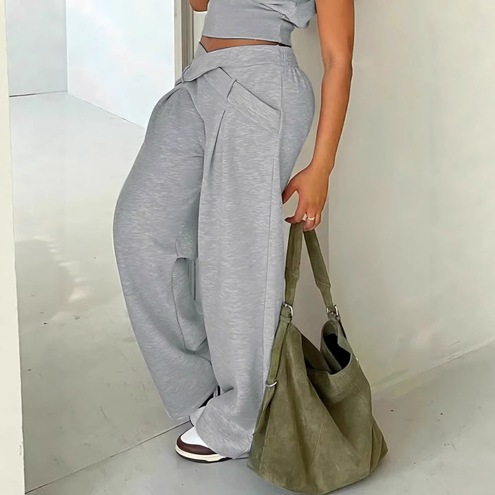 Damen Weite High-Waist-Hose mit Wickelbund, Ziergürtel und Bundschnitt Drune
