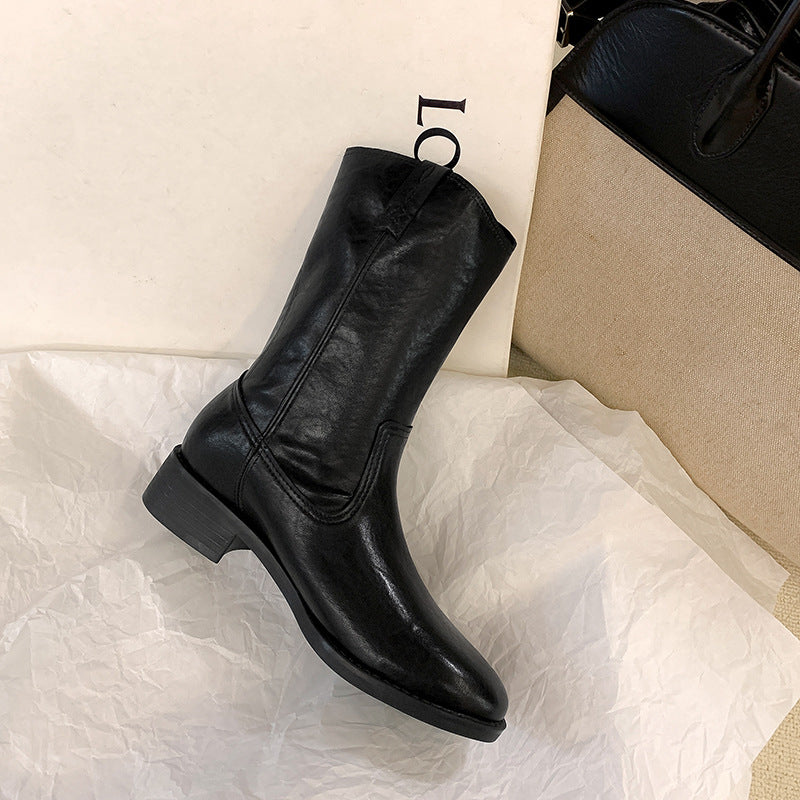 Damen Mid-Calf Western-Stiefel aus Glattleder mit niedriger Blockabsatz Drune
