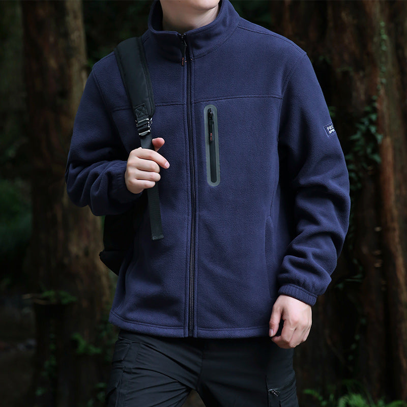 Herren Thermo‑Mikrofleece‑Outdoorjacke mit Stehkragen, wasserdichter Brustreißverschlusstasche Drune