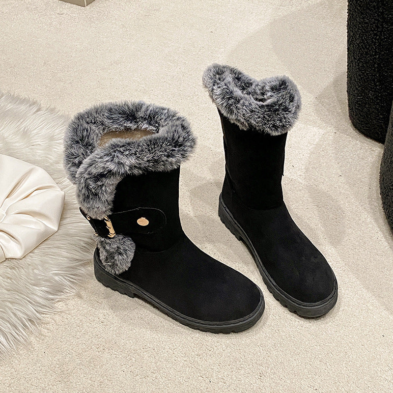 Damen Warmfutter-Stiefel mit modischem Fellkragen und eleganter Schnalle Drune