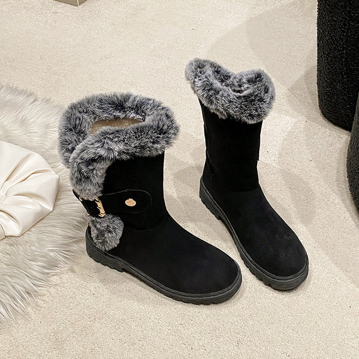 Damen Warmfutter-Stiefel mit modischem Fellkragen und eleganter Schnalle Drune