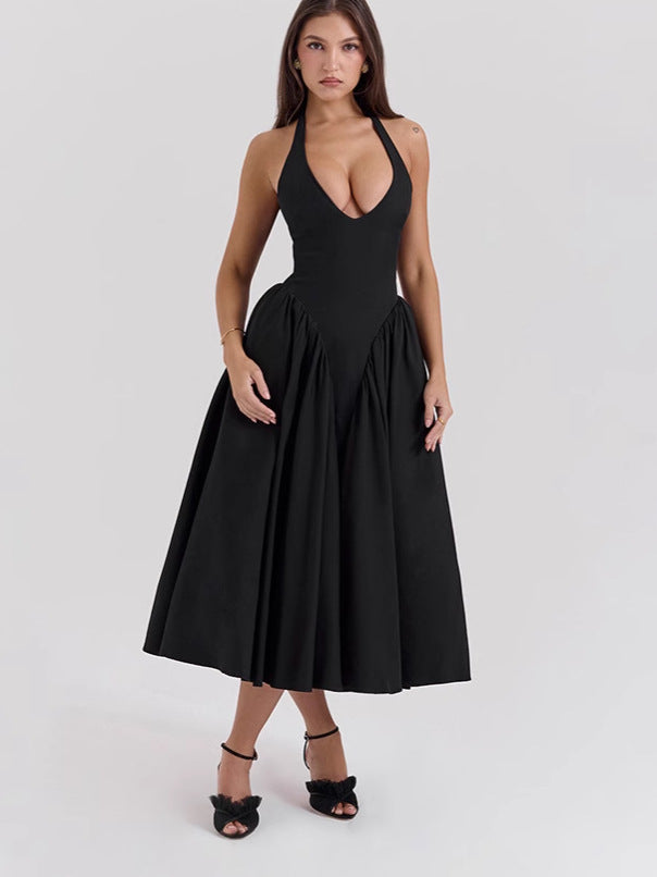 Damen nan figurschmeichelndes Neckholder-Bustier-Midikleid mit taillierter Miederform und weitem Tellerrock Drune