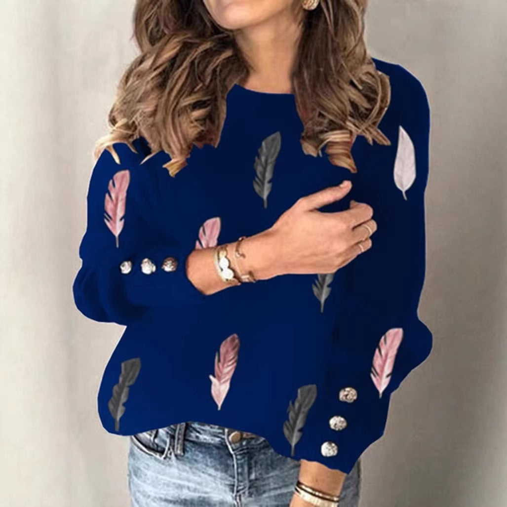 Damen Feinstrickpullover mit Federmotiv, Rundhalsausschnitt und dekorativer Knopfleiste Drune
