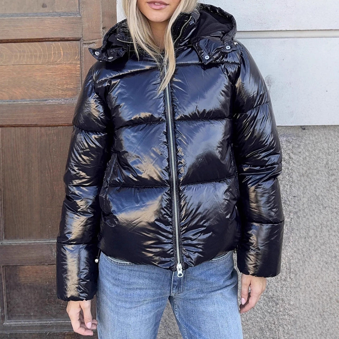 Damen Modische Hochglanz-Steppjacke mit Kapuze
