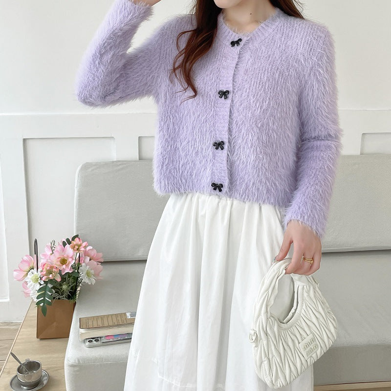 Damen flauschige Strickjacke mit dekorativen Schleifenknöpfen Drune