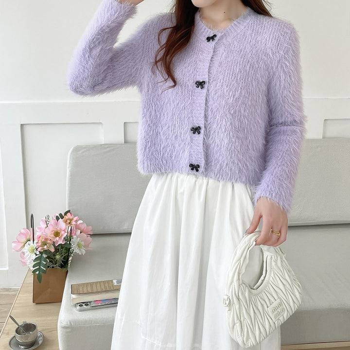 Damen flauschige Strickjacke mit dekorativen Schleifenknöpfen Drune