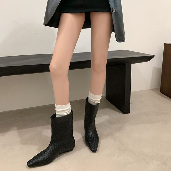 Damen Geflochtene Lederoptik-Midcalf Stiefeletten mit spitzer Zehenform und flachem Absatz Drune