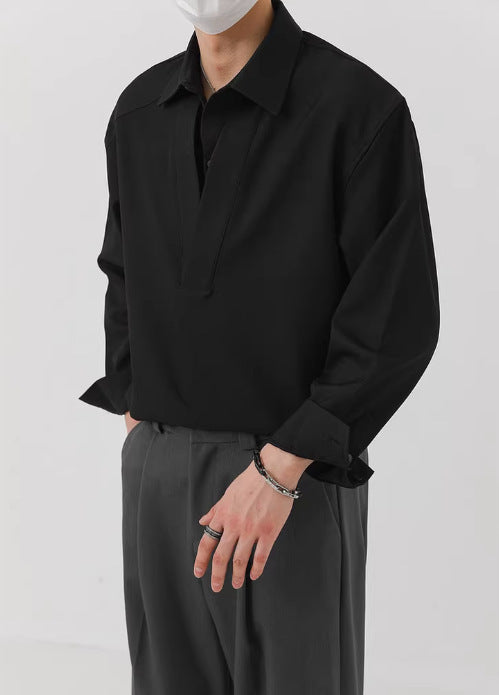 Herren Hemd-Pullover im Oversize-Schnitt mit tiefem V-Ausschnitt und klassischem Kragen Drune