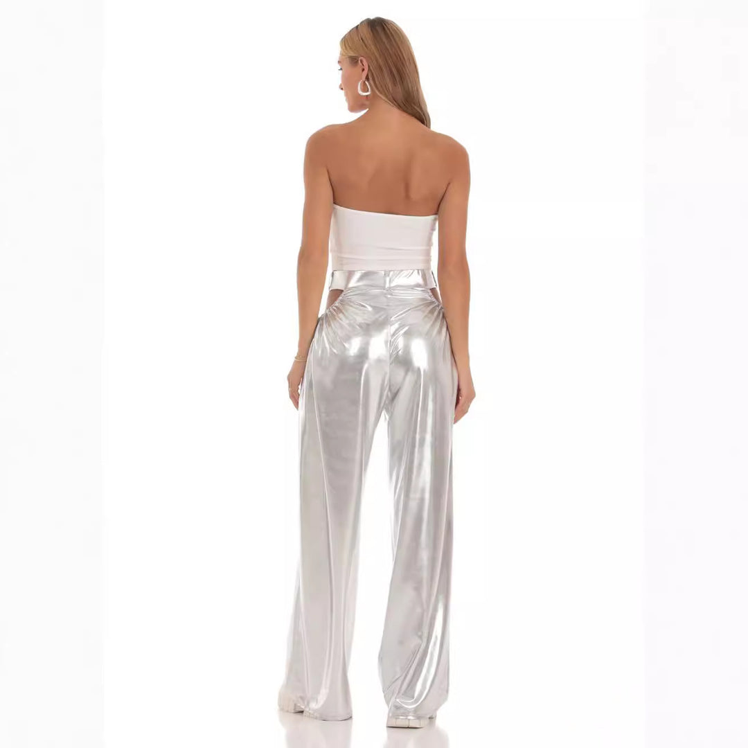 Damen High-Waist Baggy-Hose mit Cut-Out-Details und glänzendem Finish Drune