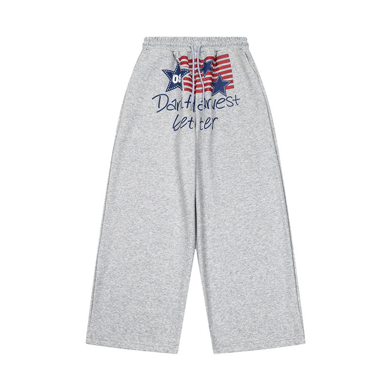 Damen Weite Culotte-Loungehose mit hohem Komfortbund, Kordelzug und Stern-Flaggen-Print Drune