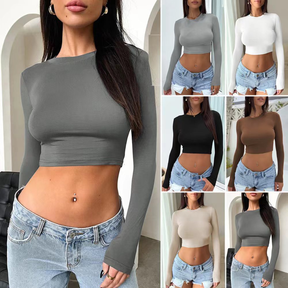 Damen Figurnahes Stretch-Cropped-Langarmshirt mit Rundhalsausschnitt Drune
