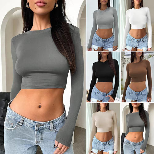 Damen Figurnahes Stretch-Cropped-Langarmshirt mit Rundhalsausschnitt Drune