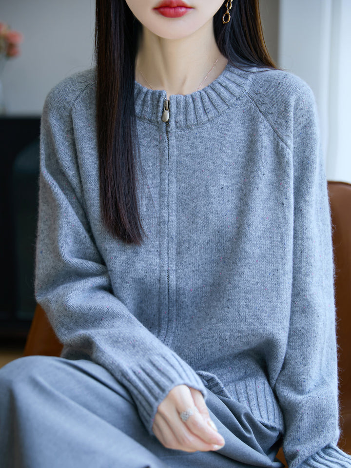 Damen Zip-Strickjacke mit Rundhalsausschnitt, feinem Nep‑Garn und gerippten Abschlüssen Drune