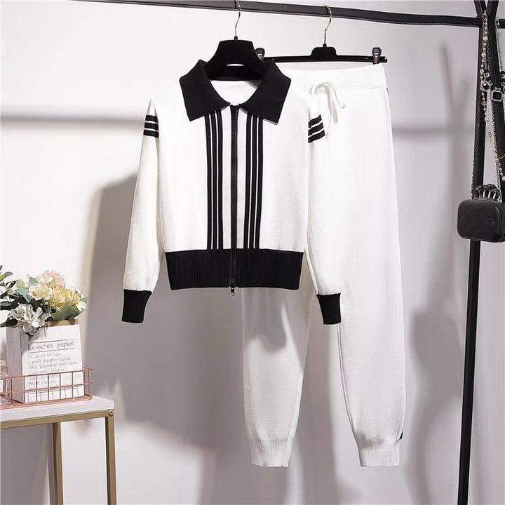 Damen modisches Strick-Loungewear-Set mit Reißverschluss und sportlichen Details Drune