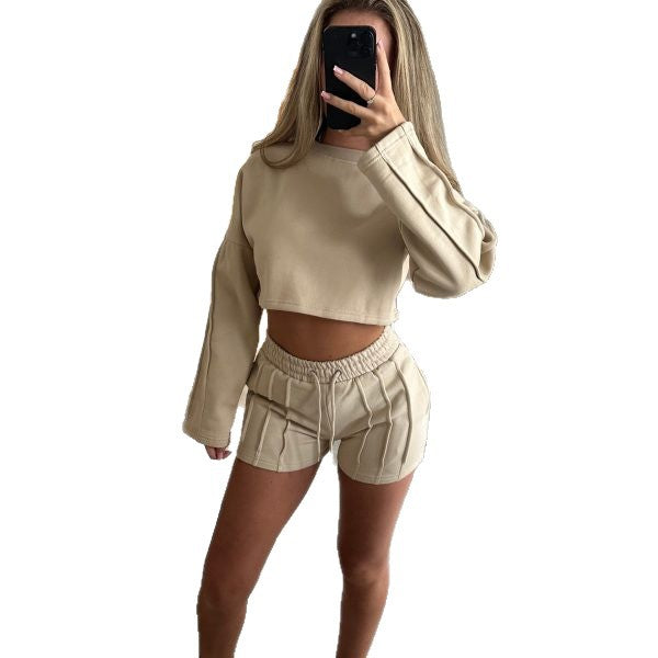Damen Freizeit-Cropped-Set mit weiten Shorts und modischen 3/4-Ärmeln