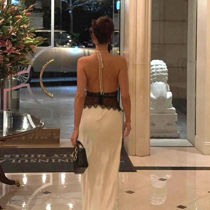 Damen Elegantes Maxikleid mit tiefem V-Ausschnitt und zarter Spitzenverzierung Drune